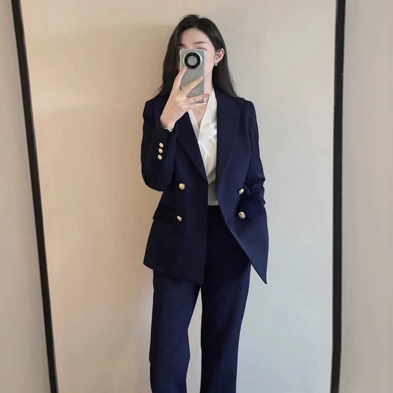 大学生面试正装女套装小个子职场通勤藏青色西装职业气质西服套装