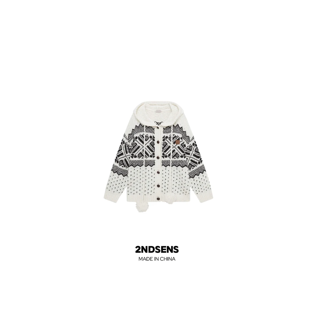 2NDSENS【雾中风景】费尔岛针织提花连帽毛球针织开衫