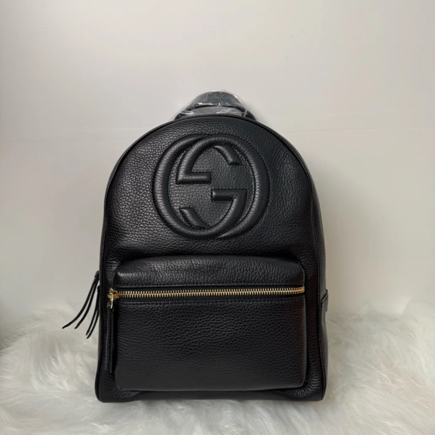 95新 GUCCI/古驰 古驰黑色牛皮荔枝纹双G双肩包中古，成色99新