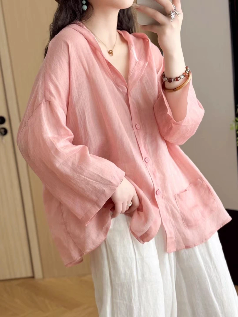 2025夏款文艺复古纯色苎麻连帽开衫女宽松显瘦百搭8分袖外搭衣