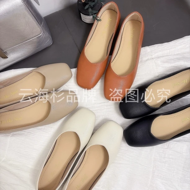 2025年新款浅口方头低跟轻便粗跟单鞋时尚舒适复古夏季素面瓢鞋