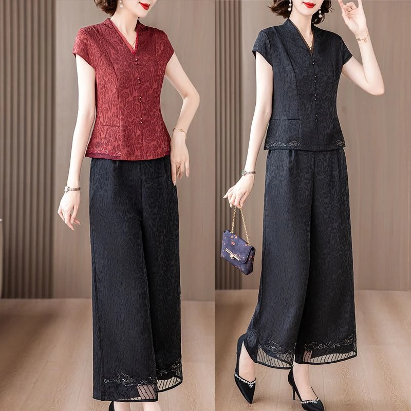 夏装新款套装女中老年妈妈装时尚气质喜婆婆婚宴礼服缎面两件套