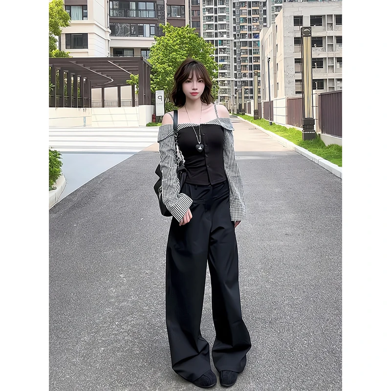 2025新款女士秋季假两件露肩长袖t恤格子拼接设计感修身上衣裤子