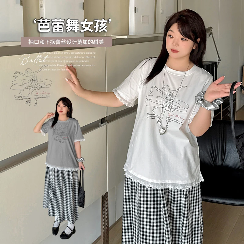 伊诺大码女装蕾丝边芭蕾舞女孩短袖T恤2025夏新款慵懒上衣212147