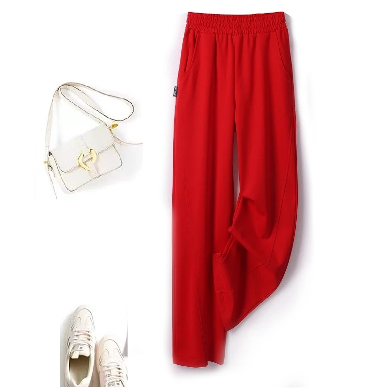 中国红大红色高腰直筒显瘦时尚阔腿裤女2025秋冬新款宽松休闲裤女