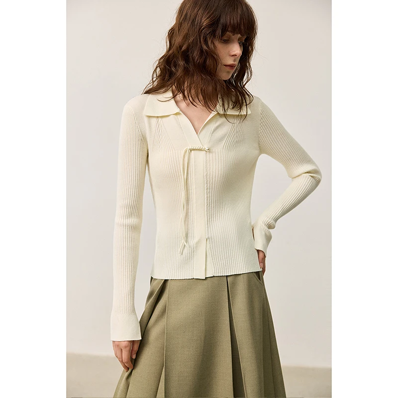 LILY秋新款含绵羊毛新中式V领气质修身百搭女装针织衫124339TK929