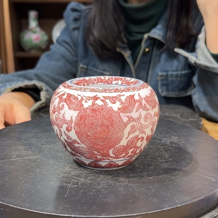 瓷摆件青花釉里红折枝苹果形水盂
