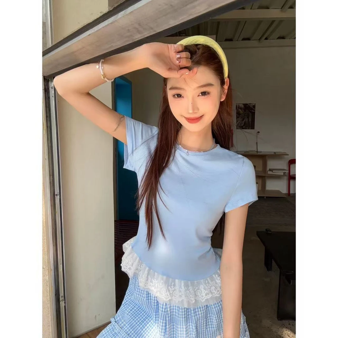 【慕妍专属】9662（衣长60）芭蕾风蕾丝花边皱褶收腰短袖t恤