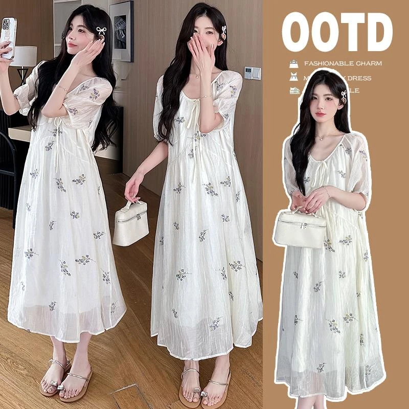 孕妇装夏季时尚2025新款蝴蝶结时髦洋气法式刺绣大码女孕妇连衣裙