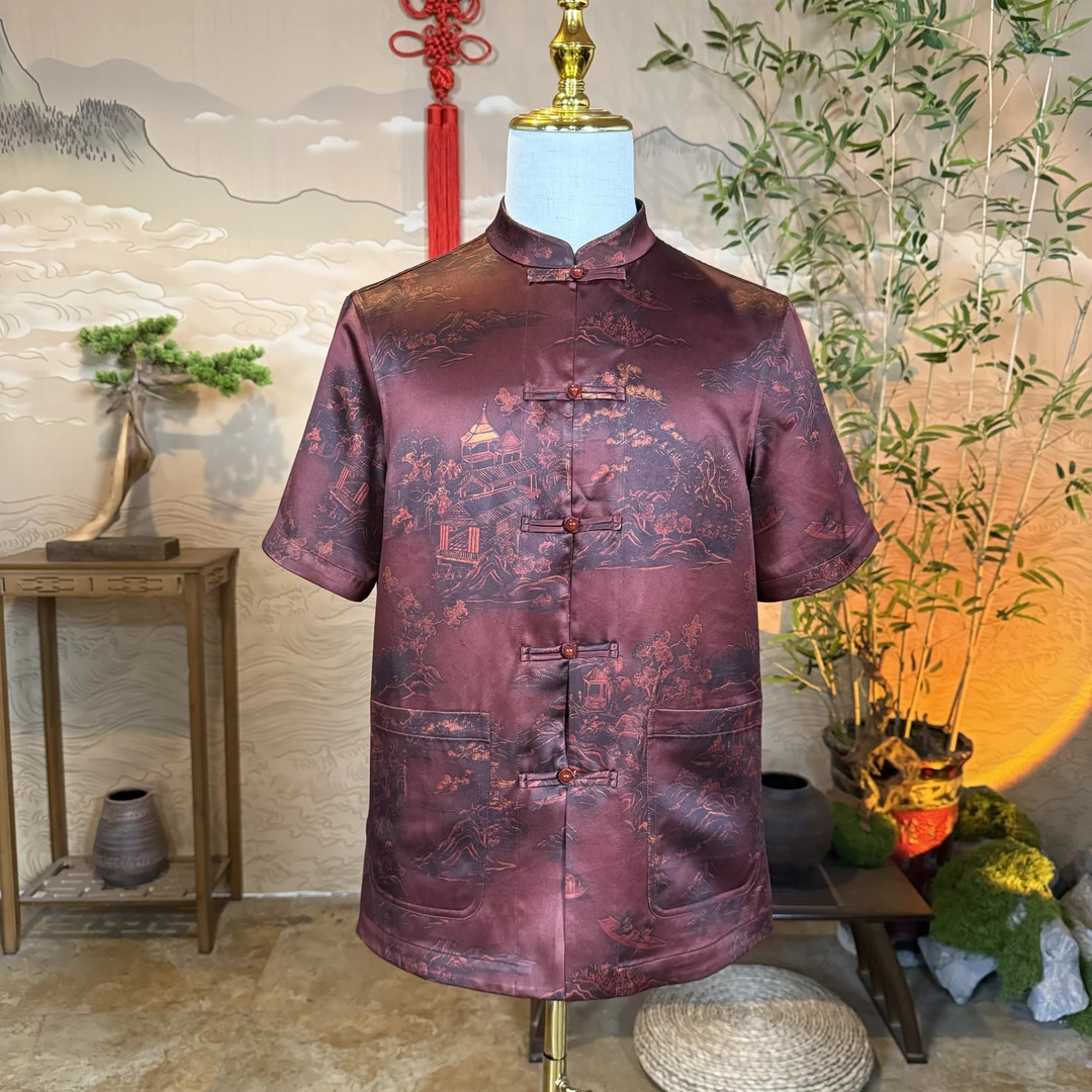馨蕴古玥 新款香云纱重锻亭台楼阁短袖  新中式男士唐装立领上衣