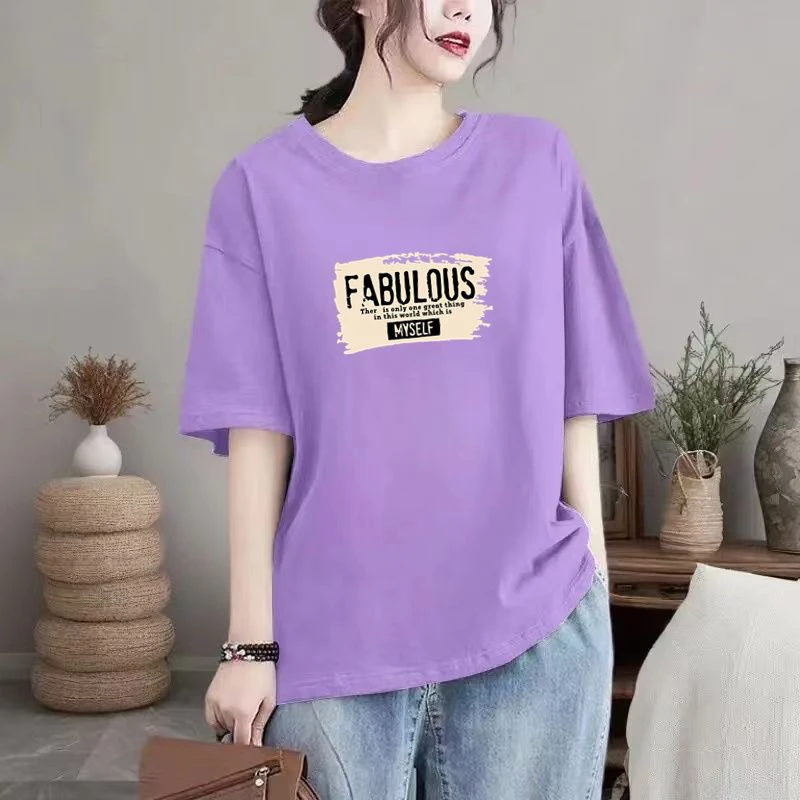 100%纯棉t恤女短袖夏季宽松上衣印花正肩新款百搭中长款体恤ins潮