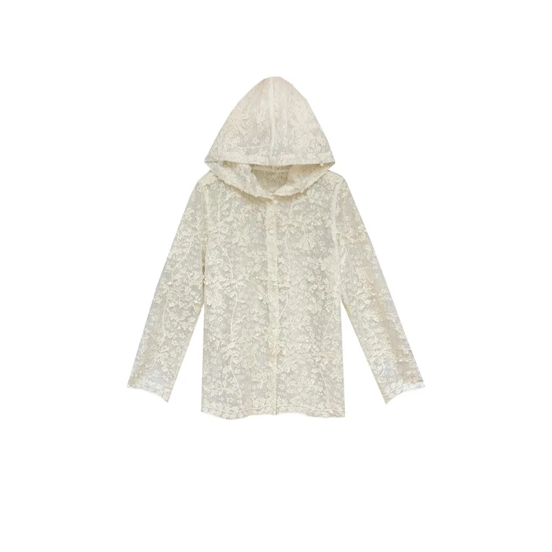 D&Q STUDIO早秋法式镂空蕾丝连帽长袖衬衫洋气开衫上衣LK2505371