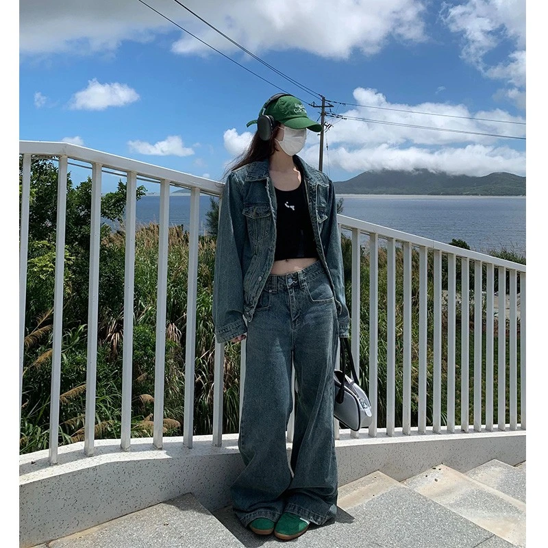 蓝色牛仔套装女秋新款时尚潮流复古美式辣妹宽松外套阔脚裤两件套