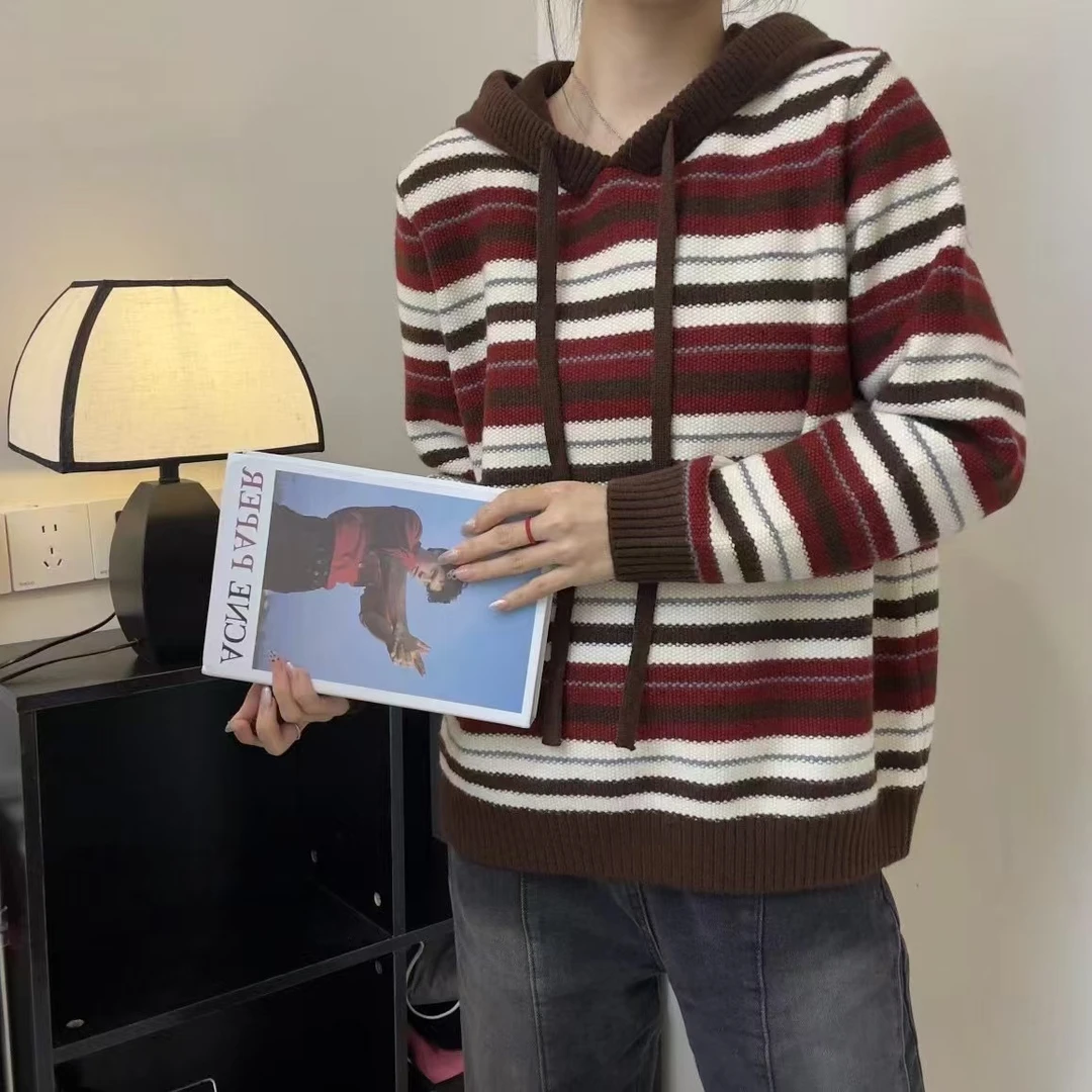 528008针织衫时尚休闲百搭连帽宽松条纹带帽套头拼色撞色秋冬