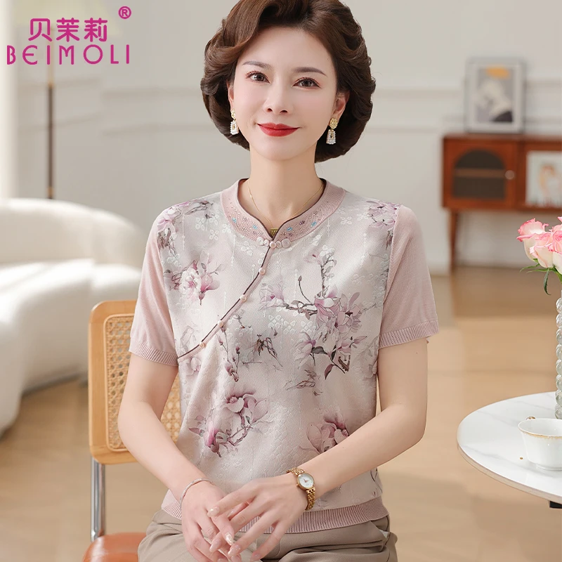 母亲节妈妈装夏装短袖T恤洋气冰丝小衫中老年人女衣服旗袍领上衣