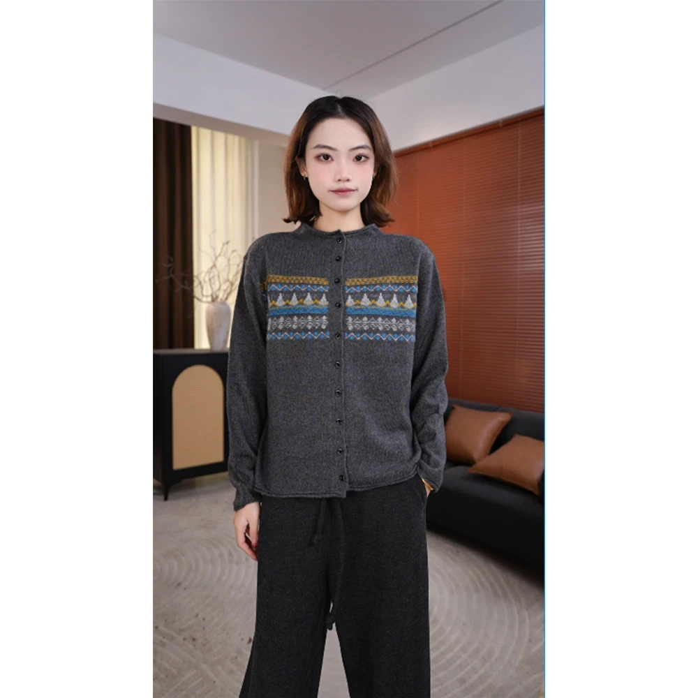 YIANYAN【月亮之下】女士秋冬厚款羊毛针织提花开衫上衣