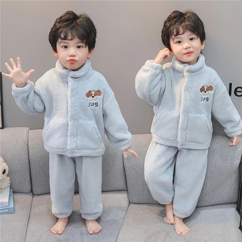 儿童秋冬珊瑚绒男童睡衣宝宝冬装保暖套装小男孩法兰绒家居服加厚