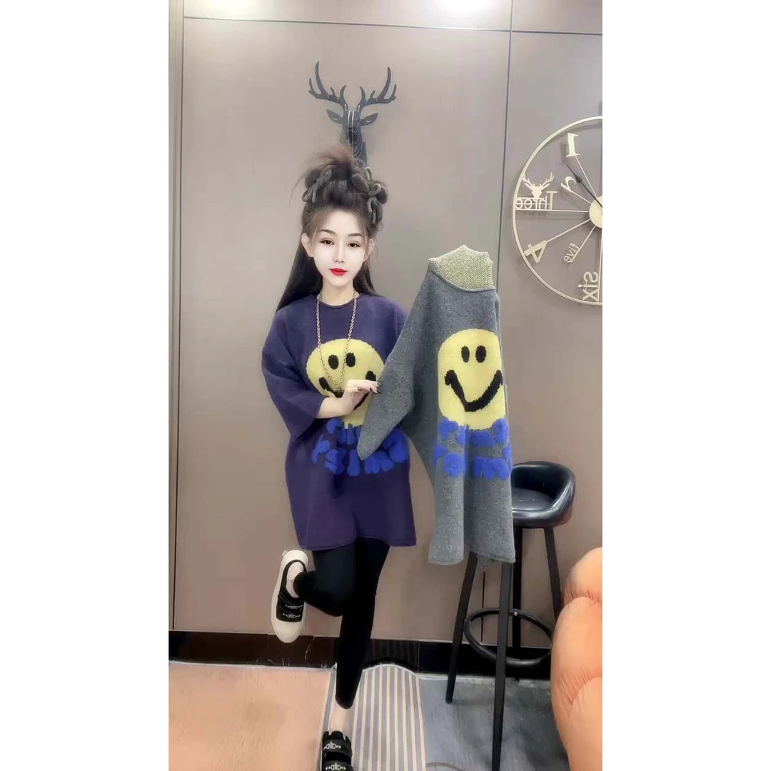 欧洲站慵懒风宽松百搭笑脸印花圆领针织毛衣