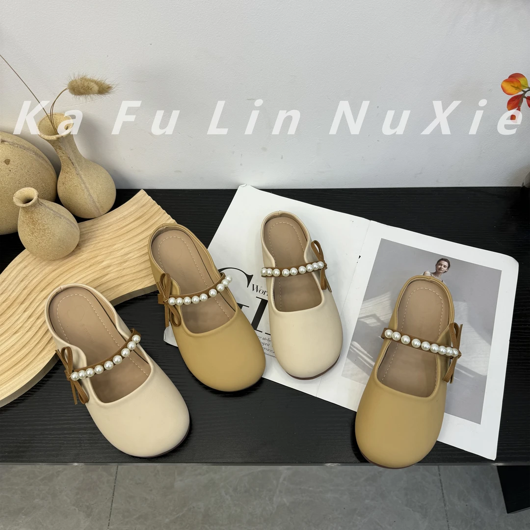 【卡芙琳shoes】仙女风平底蝴蝶结包头拖鞋女外穿新款法式珍珠