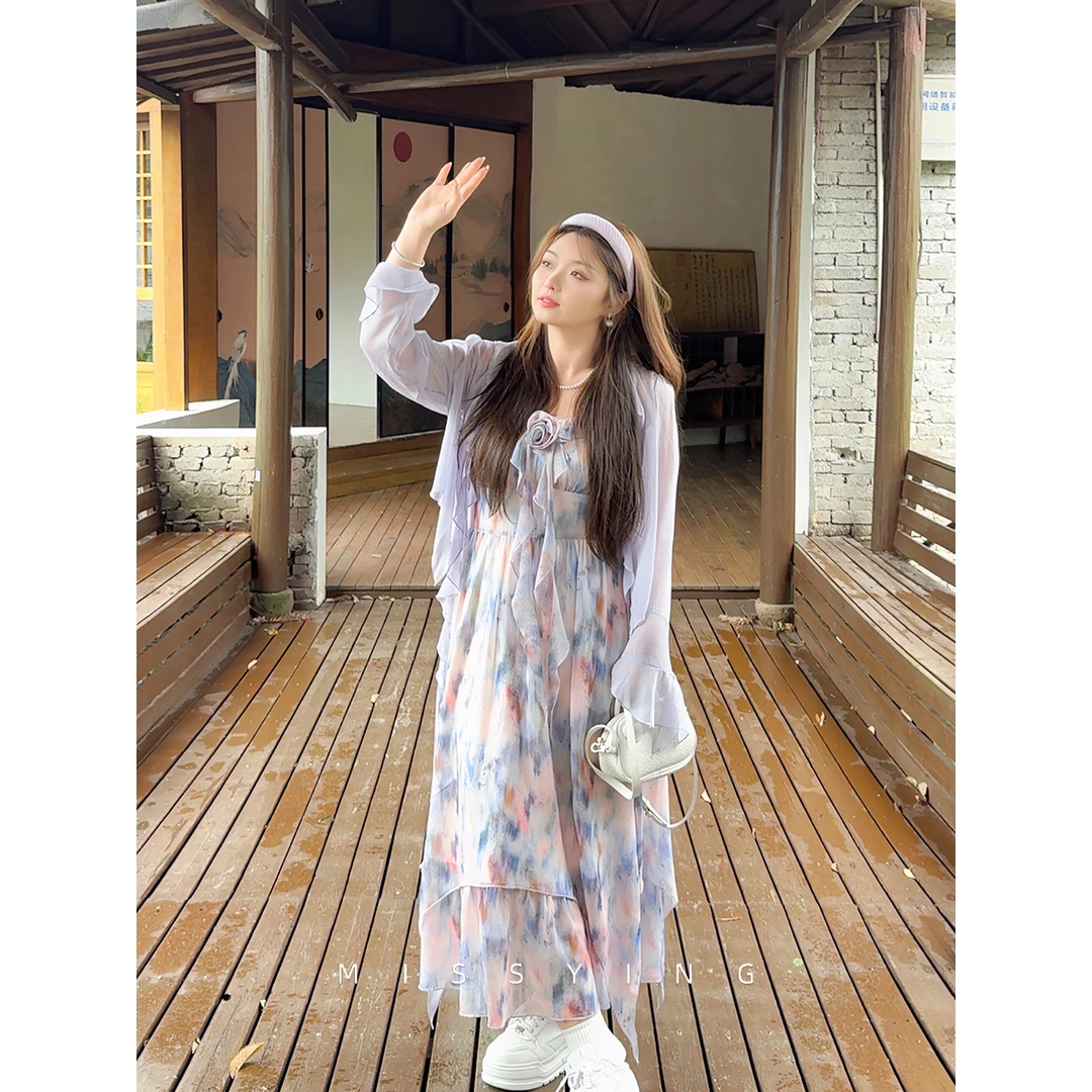 应小姐【花满絮】微胖大码夏季韩版显瘦气质时尚温柔开衫连衣裙套装