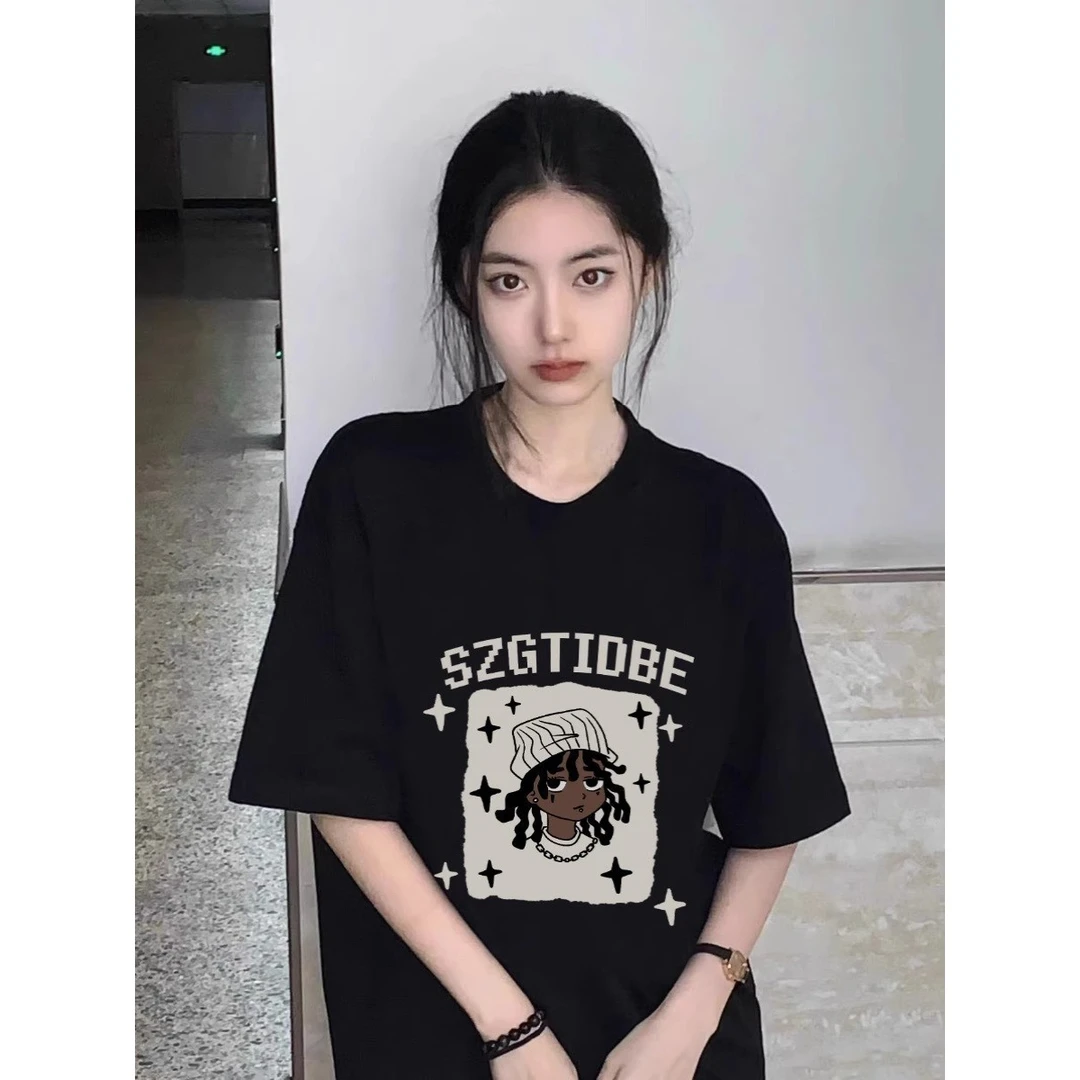 美式复古黑色正肩t恤女短袖2025新款夏季宽松中长款圆领半袖上衣