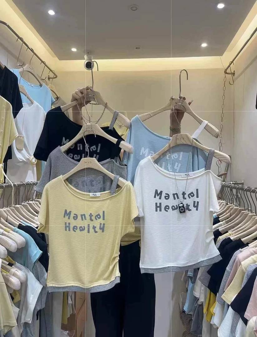 斜领短袖字母印花常规拼接T恤针织背心简约气质百搭