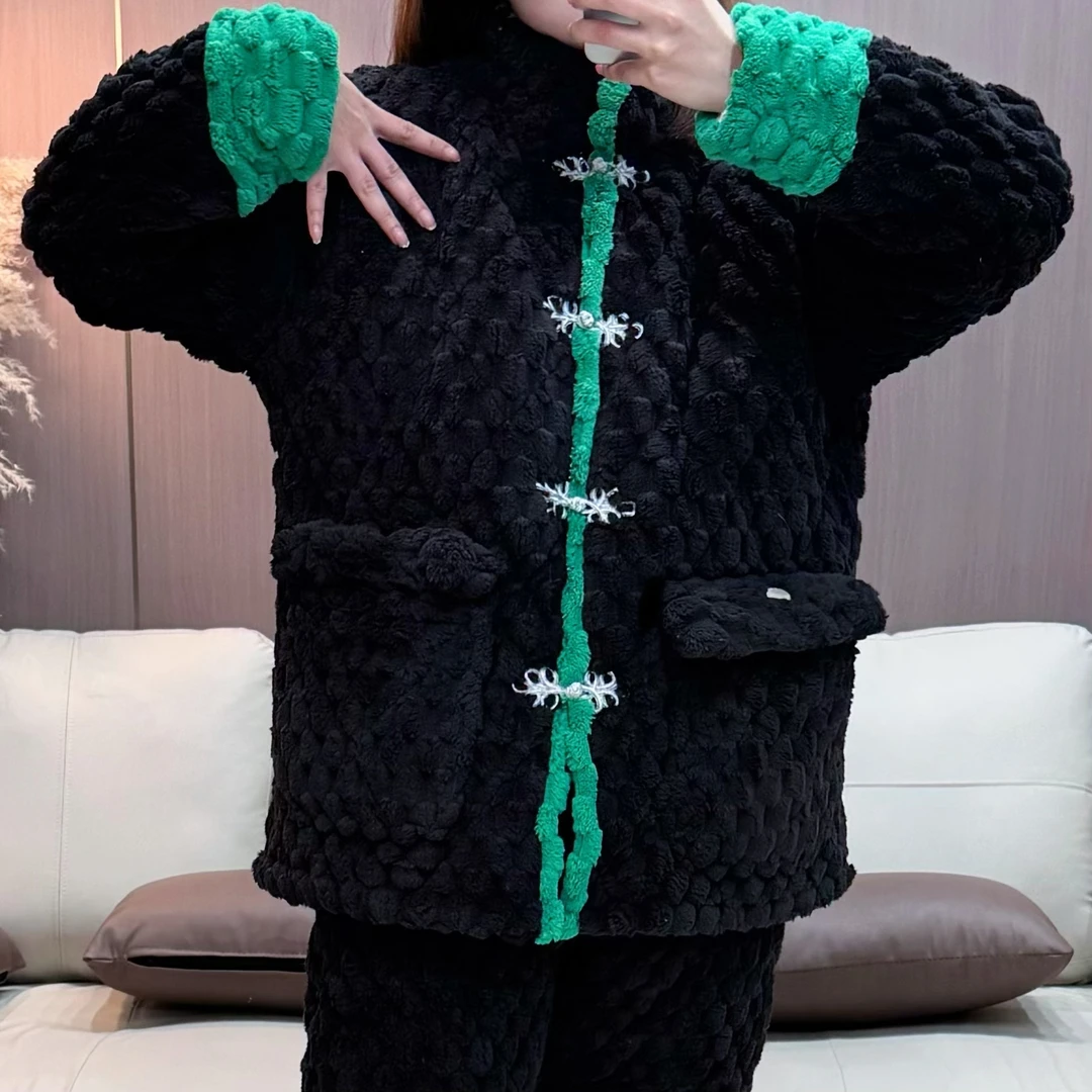 国风三层夹棉加厚加绒冬款女士睡衣家居服套装珊瑚绒法兰绒