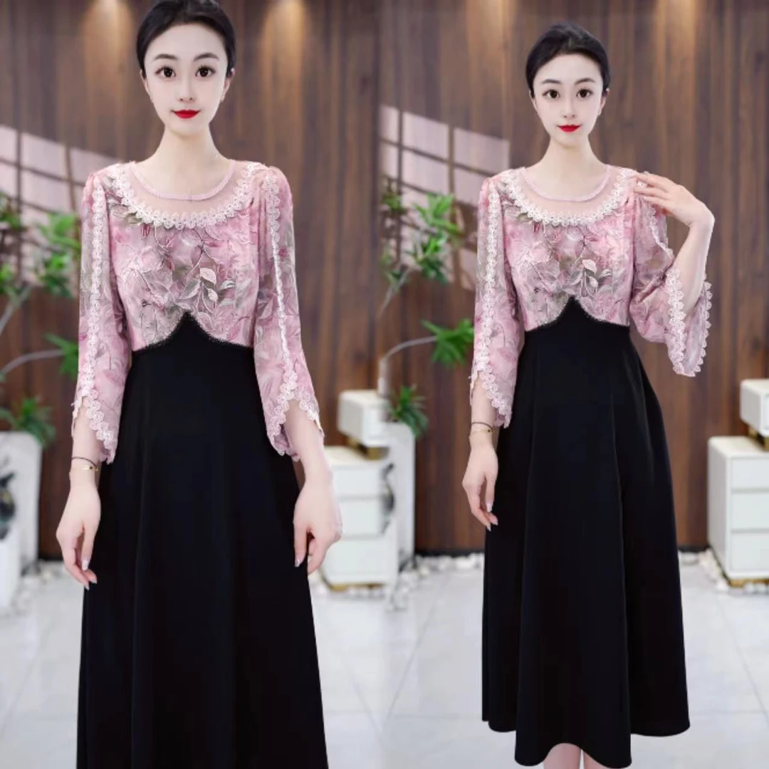 新款时尚气质优雅女人味收腰显瘦拼接设计感连衣裙