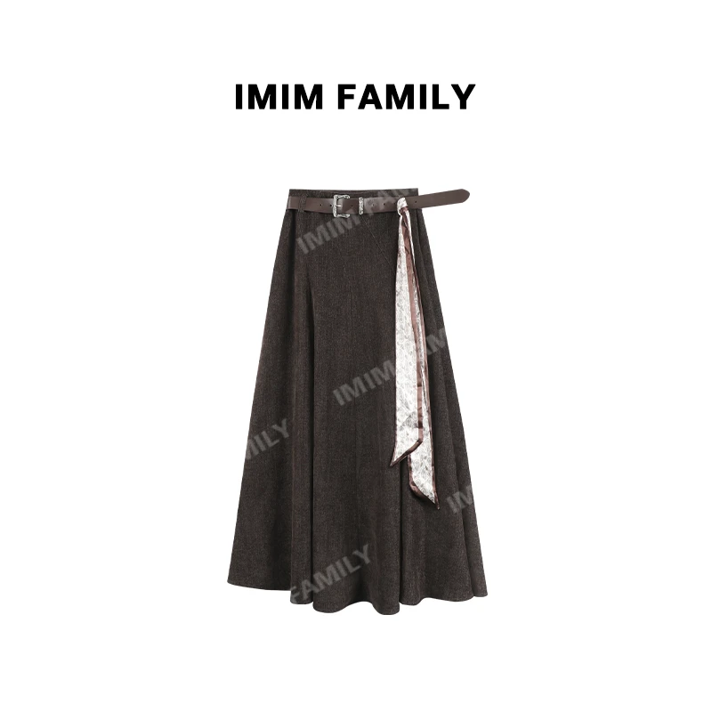 “榛咖原香”复古高腰中长款半身裙秋冬时尚气质A字裙配丝巾腰带