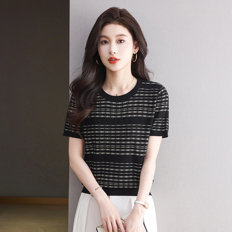 2025夏季新款短袖T恤圆领条纹格子花型宽松时尚洋气百搭