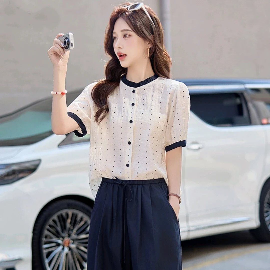 2025新款短袖夏季波点圆领通勤圆点衬衫上衣夏装高智淡人风