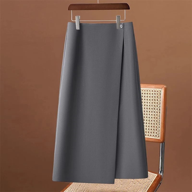 拉夏贝尔不规则西装半身裙女2025春秋季新款通勤开叉高腰a字半裙