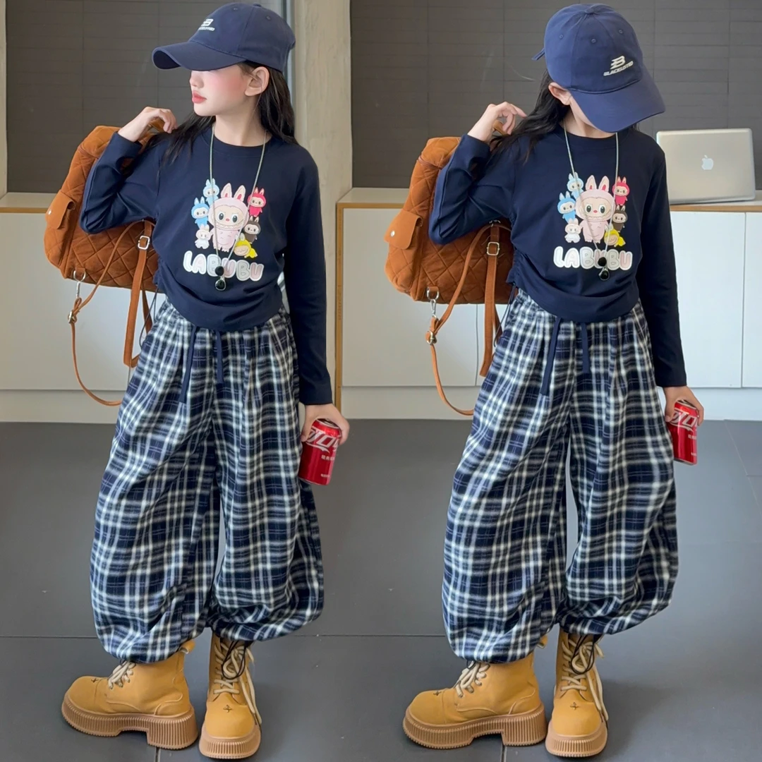 女童秋季2025新款洋气中大童百搭卡通长袖打底宽松格子裤休闲套装