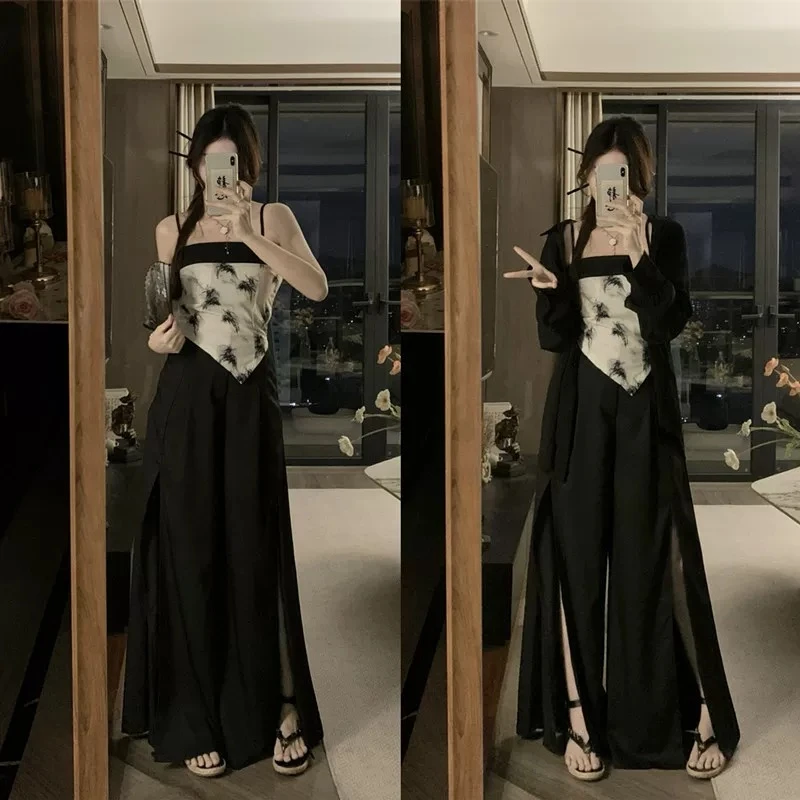 【胖可家】大码【桃花坞】复古水墨印花吊带+裙裤+外衫三件套9270
