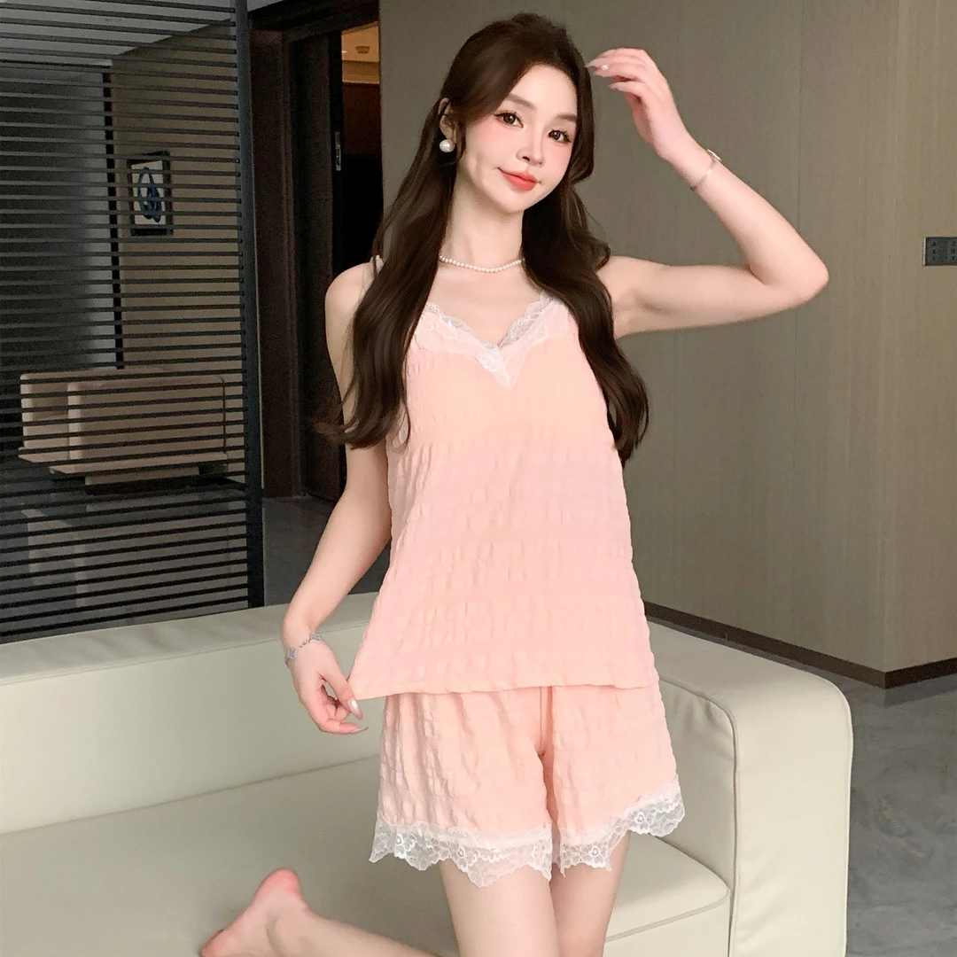 夏季绵绵少女纯欲睡衣吊带蕾丝夏天薄款背心两件套带胸垫25031#