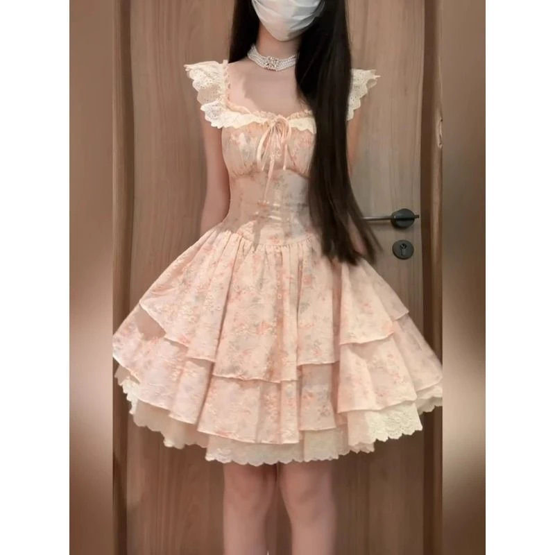 【师姐专属】甜美碎花小飞袖连衣裙千金感收腰显瘦在逃公主蓬蓬短裙