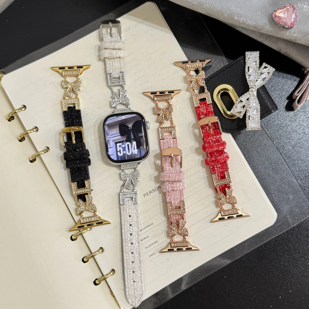 适用苹果S11华为GT6小米10/9/8毛呢蝴蝶结iWatch小香风fit4手表带