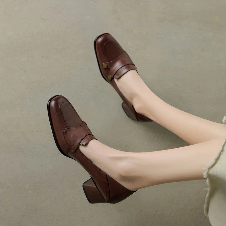 2025春秋新款法式复古方头粗跟单鞋女中跟新款小皮鞋气质英伦女鞋