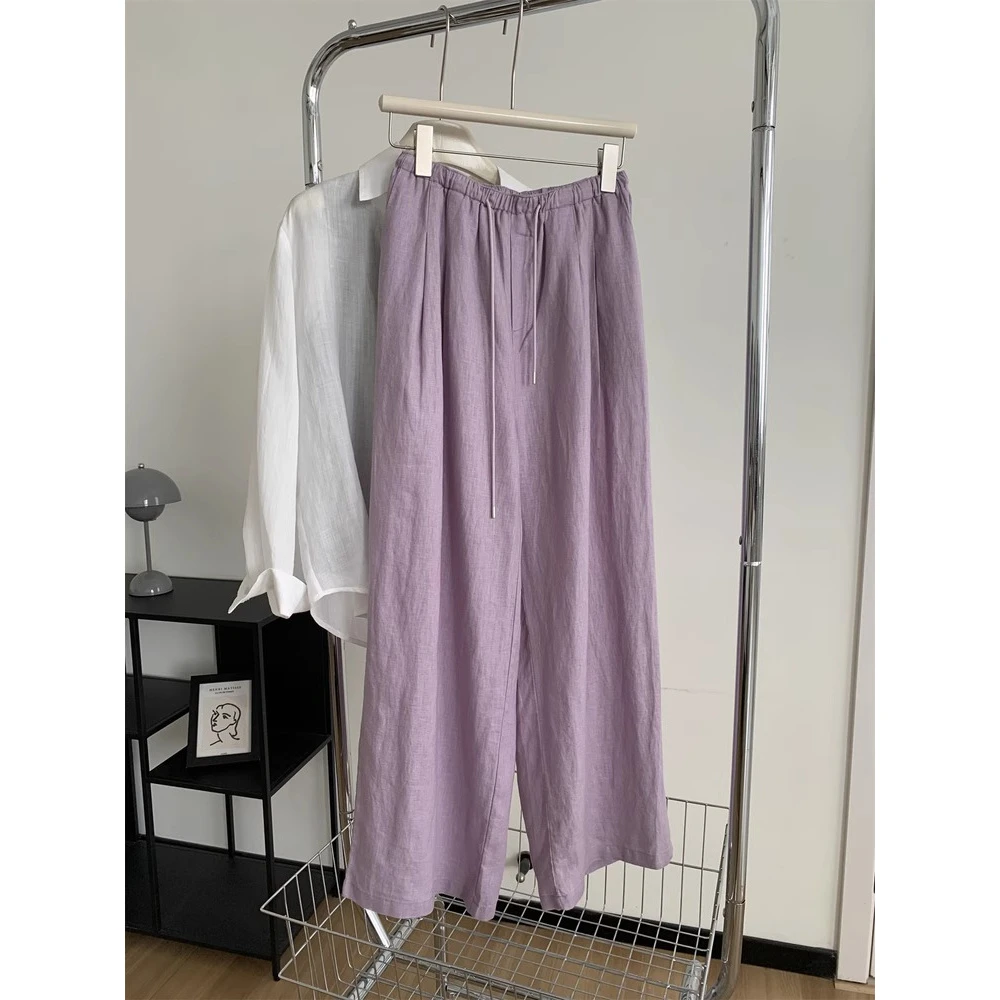 巨显大长腿！紫色直筒休闲裤子女夏季薄款抽绳松紧腰防晒阔腿裤