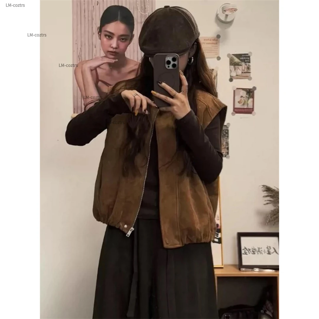 微胖mm覆古麂皮绒圆领拉炼花苞马甲女秋冬高级感宽松百搭叠穿马夹