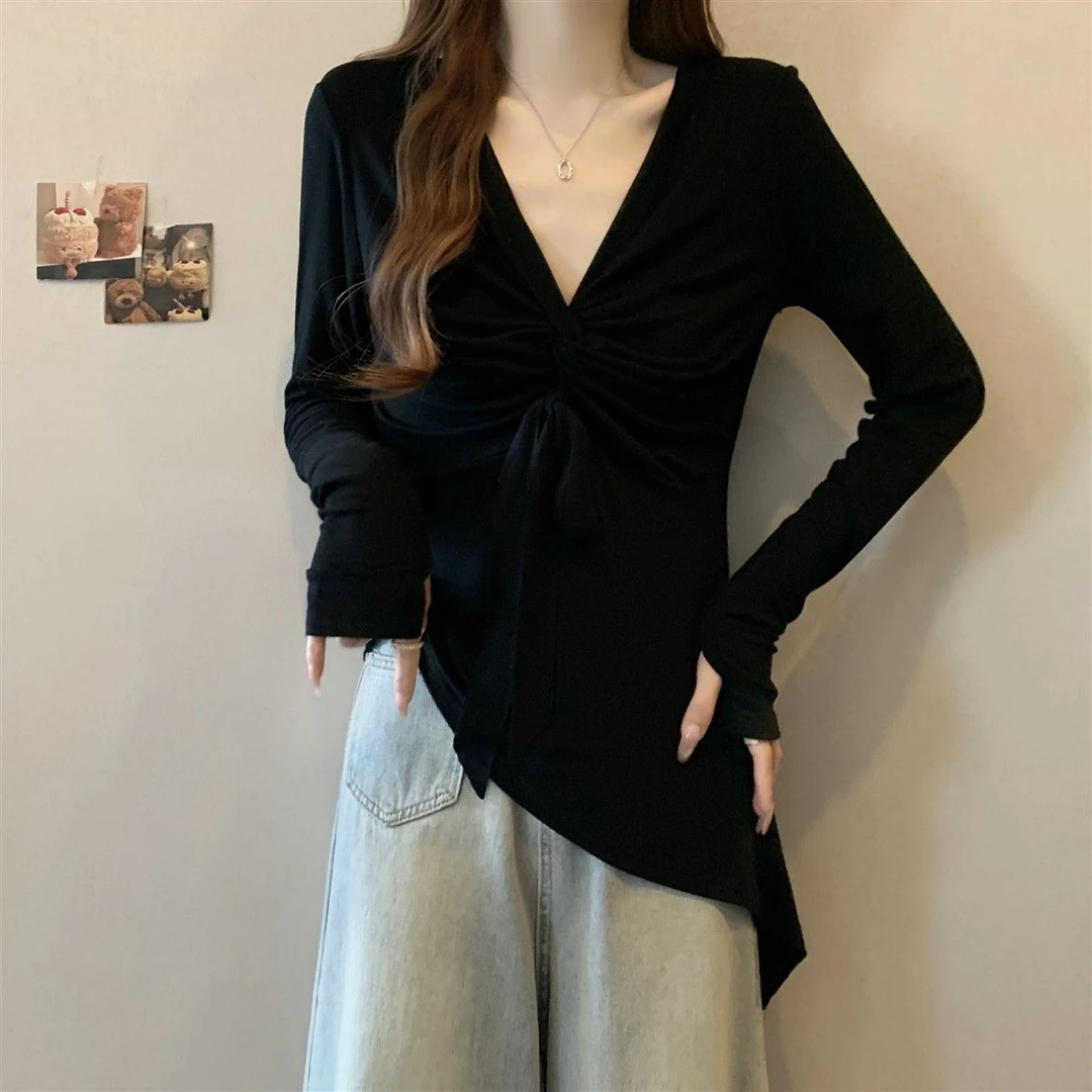 2025春夏季大码胖MMV领褶皱不规则设计感百搭显瘦遮肉长袖T恤上衣