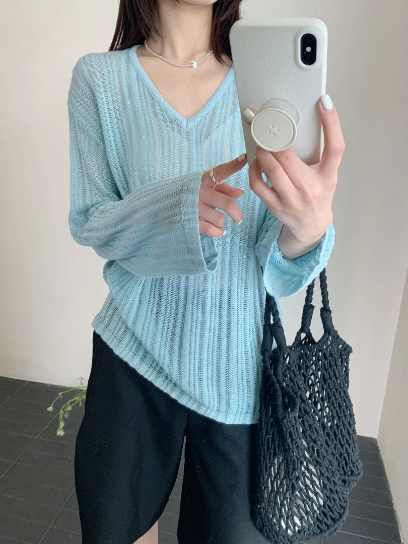 【DUODUO 829977】新款夏季来赛尔女V领防晒衫松弛感显瘦针织衫