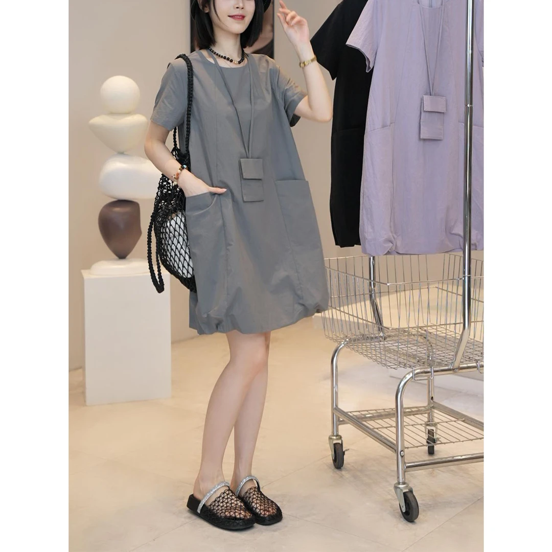 时尚短袖连衣裙女2025夏季新款小个子宽松显瘦设计感中长款休闲裙