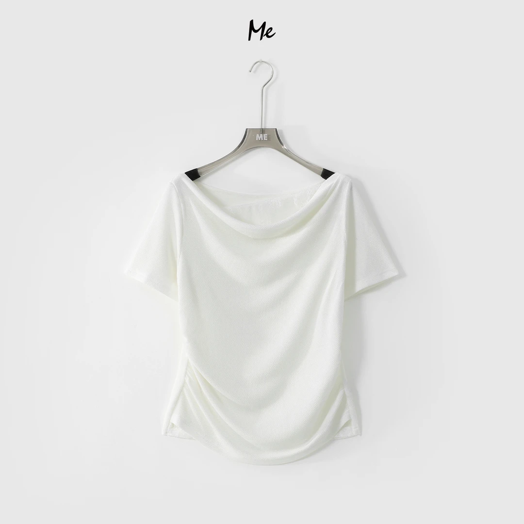 ME【蕾丝荡领假两件】醋纤混纺显瘦舒适时尚百搭休闲上衣MESS4406