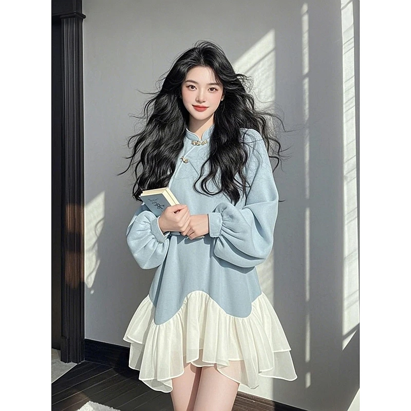 设计感立领连衣裙女2025春季新款新中式气质宽松显瘦盘扣拼接裙子