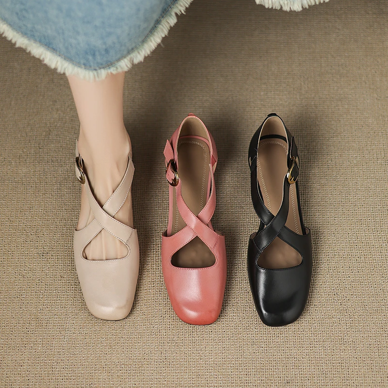 包头复古凉鞋女真皮方头交叉扣带低跟粗跟夏季一字带女鞋单鞋百搭