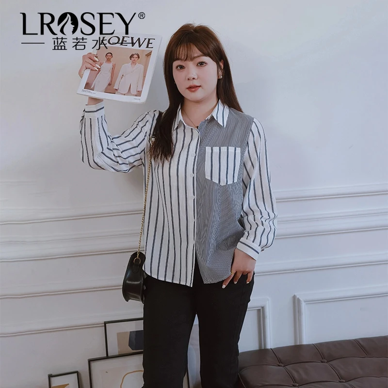 Lrosey/蓝若水大码女装别致条纹衬衫休闲宽松藏肉设计感上衣85815