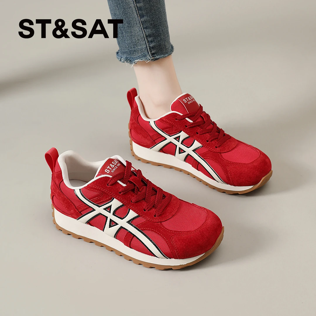 星期六红色秋季拼色德训鞋女士2025新款秋季阿甘鞋时尚流行女鞋子