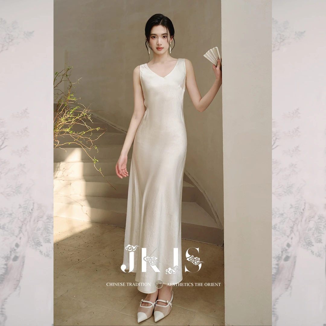 JKJS 醋酸背心裙女夏2025新款长裙垂坠感新中式搭配吊带连衣裙