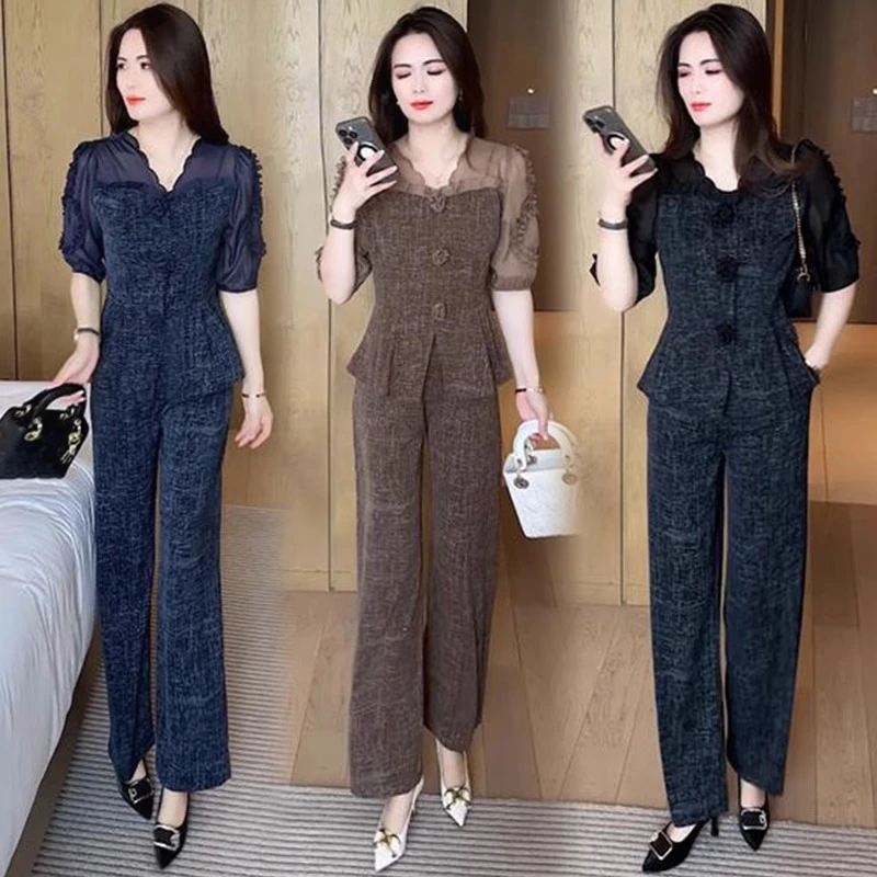 时尚套装女2025夏季新款洋气质收腰纱网拼接短袖上衣阔腿裤两件套